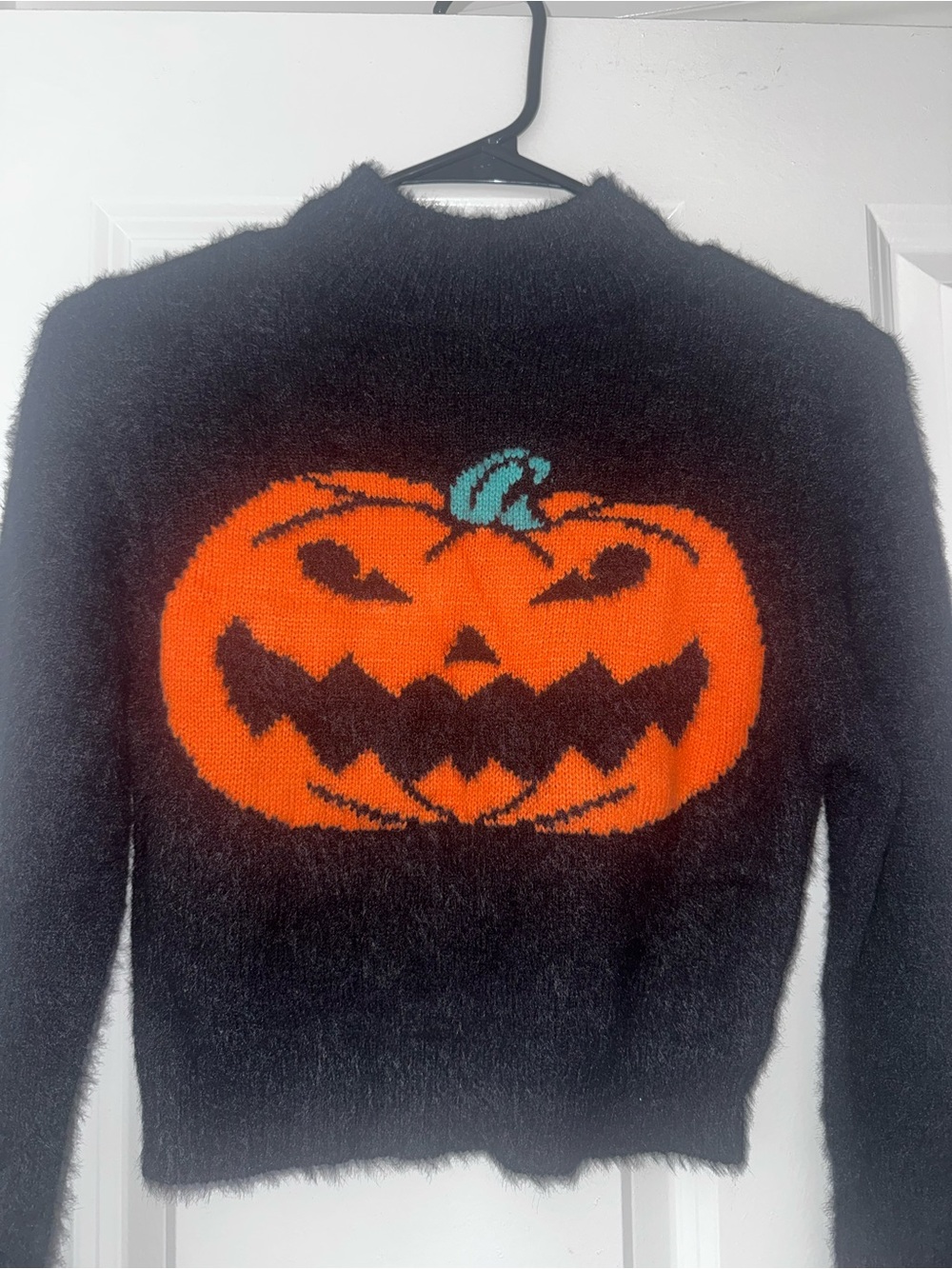 Cider Black Fuzzy Cropped Sweater with Orange Pumpkin Motif - Picture 2 of 6